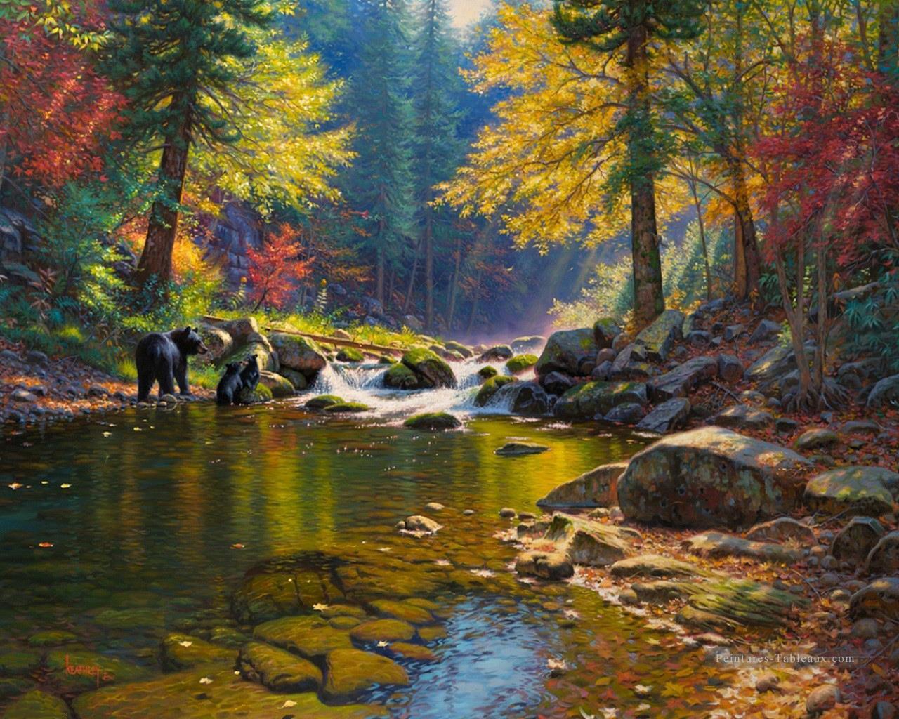 ours en automne rivière Peintures à l'huile